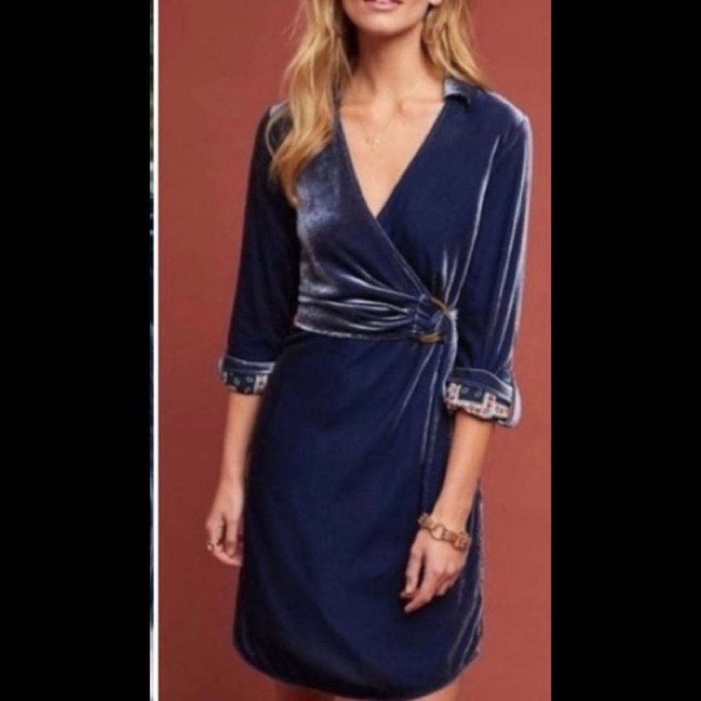 Maeve by Anthropologie Blue Velvet Wrap Dress Size 4